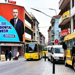 **

Prompt: A bustling Turkish city street scene. In the foreground, a mix of modern buildings and traditional shops. Prominent billboards display advertisements, and street cleaners are at work. In the background, a large government building symbolizes local administration. Visual elements should illustrate sources of local government revenue such as property taxes (Emlak Vergisi), advertising taxes (Ilan and Reklam Vergisi), and environmental cleaning taxes (Cevre Temizlik Vergisi). The overall feel should be vibrant and financially active.

**