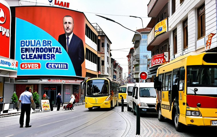 **

Prompt: A bustling Turkish city street scene. In the foreground, a mix of modern buildings and traditional shops. Prominent billboards display advertisements, and street cleaners are at work. In the background, a large government building symbolizes local administration. Visual elements should illustrate sources of local government revenue such as property taxes (Emlak Vergisi), advertising taxes (Ilan and Reklam Vergisi), and environmental cleaning taxes (Cevre Temizlik Vergisi). The overall feel should be vibrant and financially active.

**